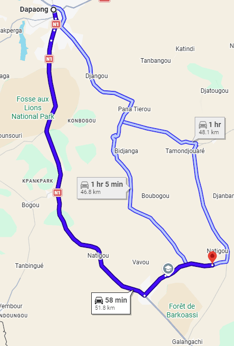 Carte montrant le trajet de Dapaong à Tamonga